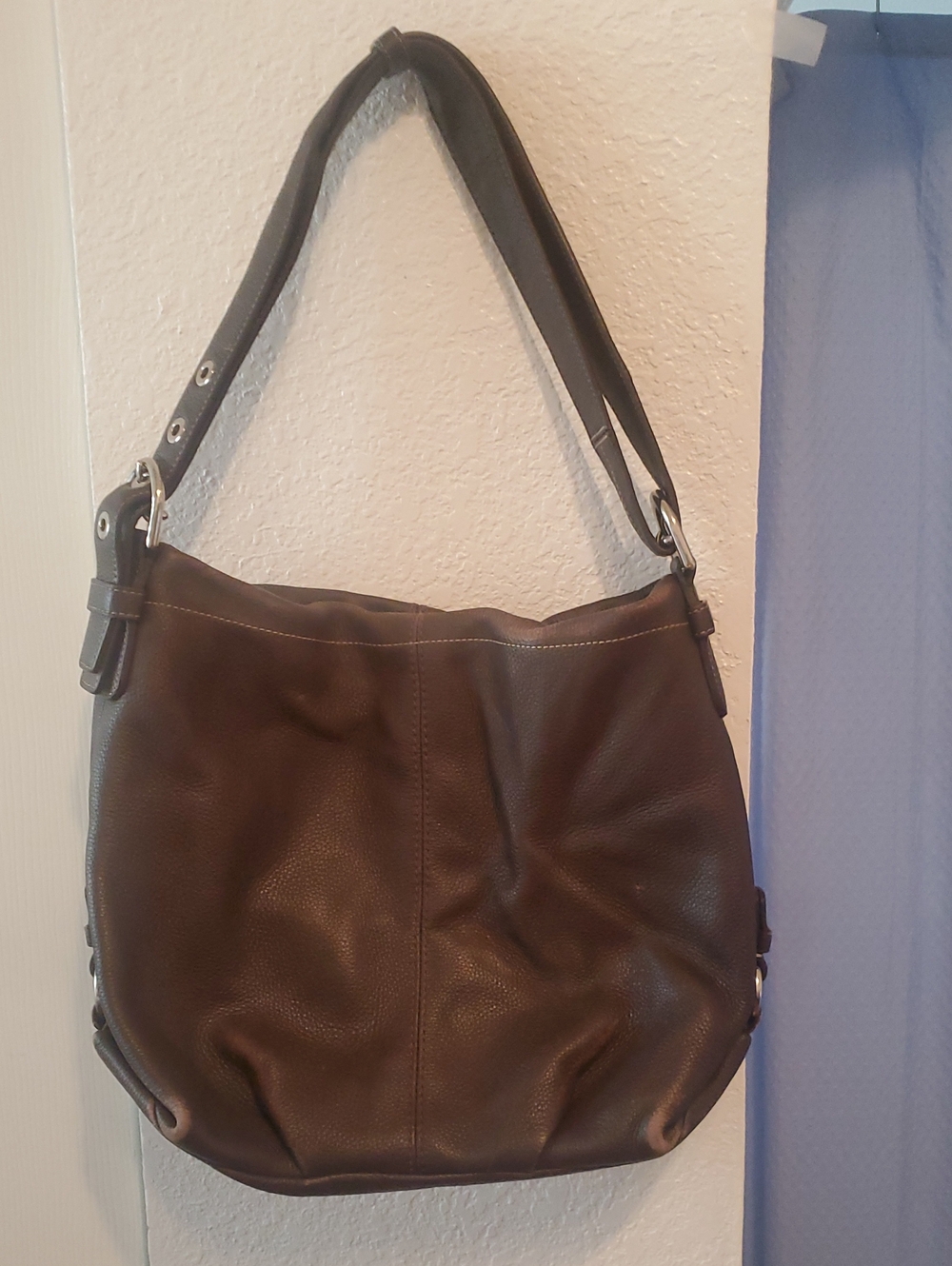 Coach Dark Brown Pebbled Leather Hobo Shoulder Bag with Silver Accents